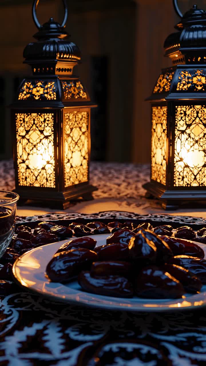 Low-angle video shot of a glowing lantern on a patterned table under a crescent moon