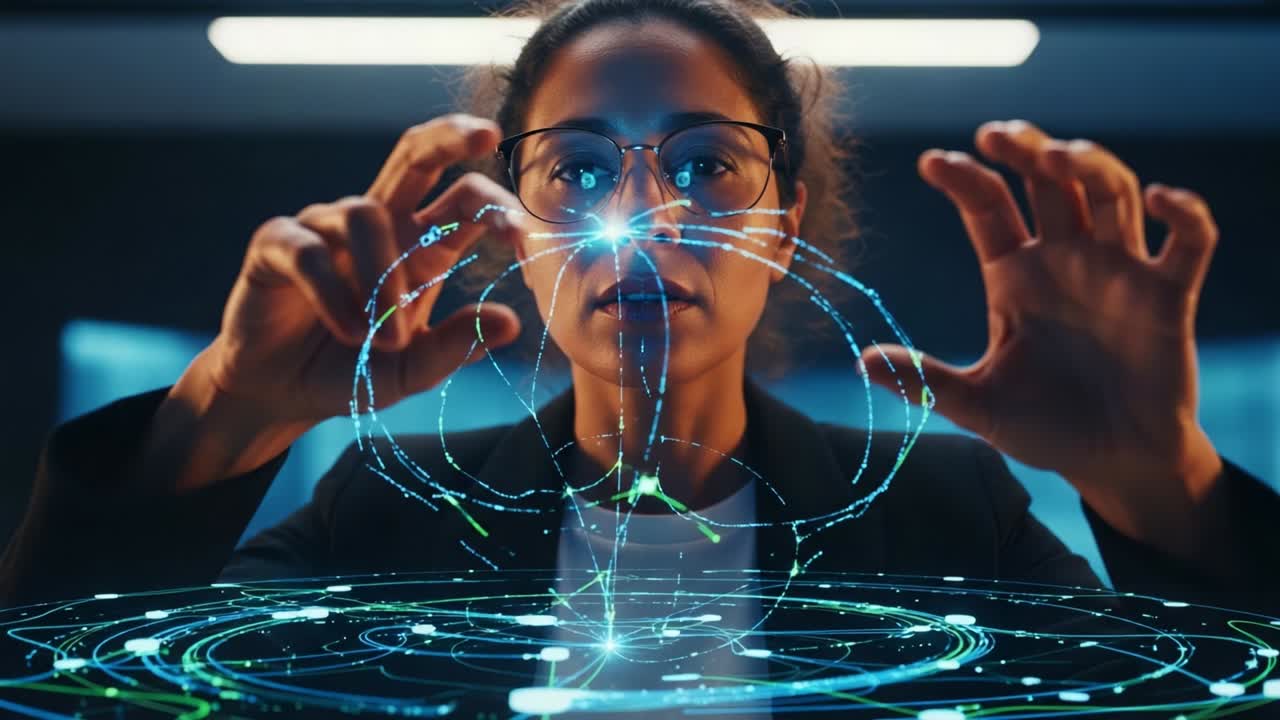 A focused researcher uses advanced holographic technology to manipulate data in a high-tech workspace, demonstrating her skills in digital interaction and innovative thinking to explore complex information visually