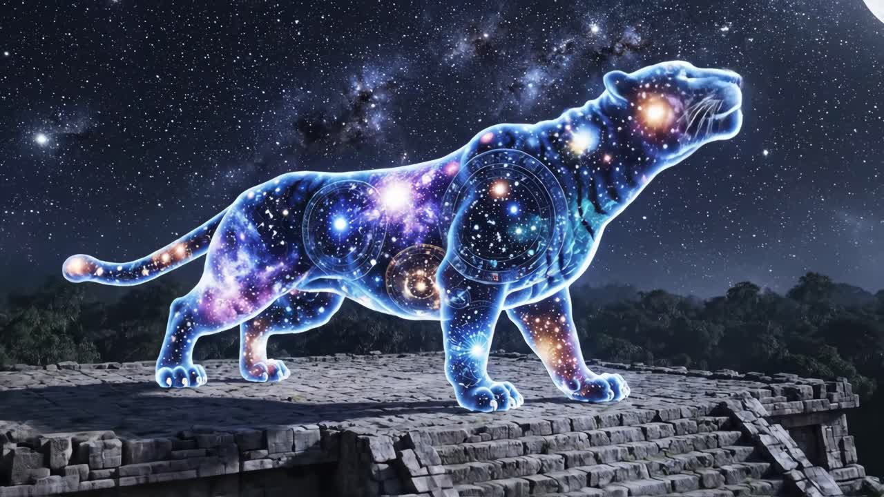 Hemelse Galaxy Panther op oude ruïnes