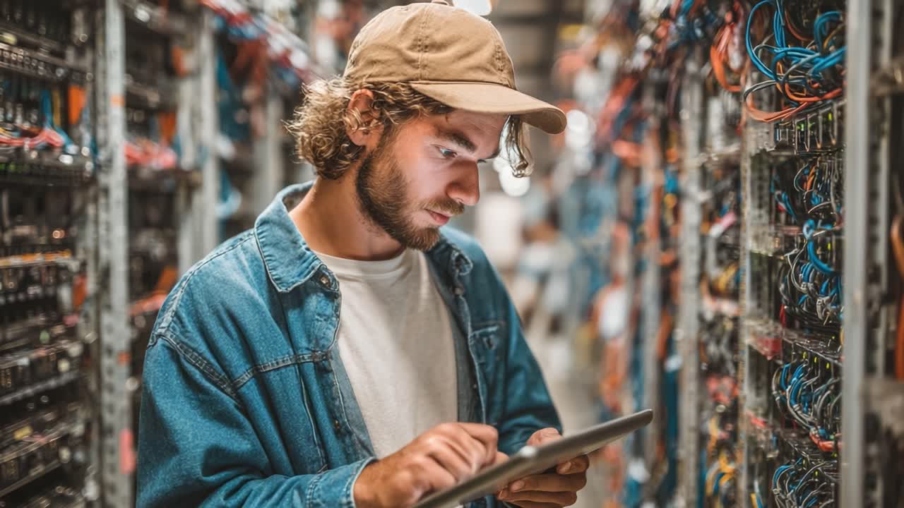 Focused Technician Monitoring Data Systems in Server Room, Engaging with Digital Tablet to Ensure Smooth Operations within Complex Wiring Environment