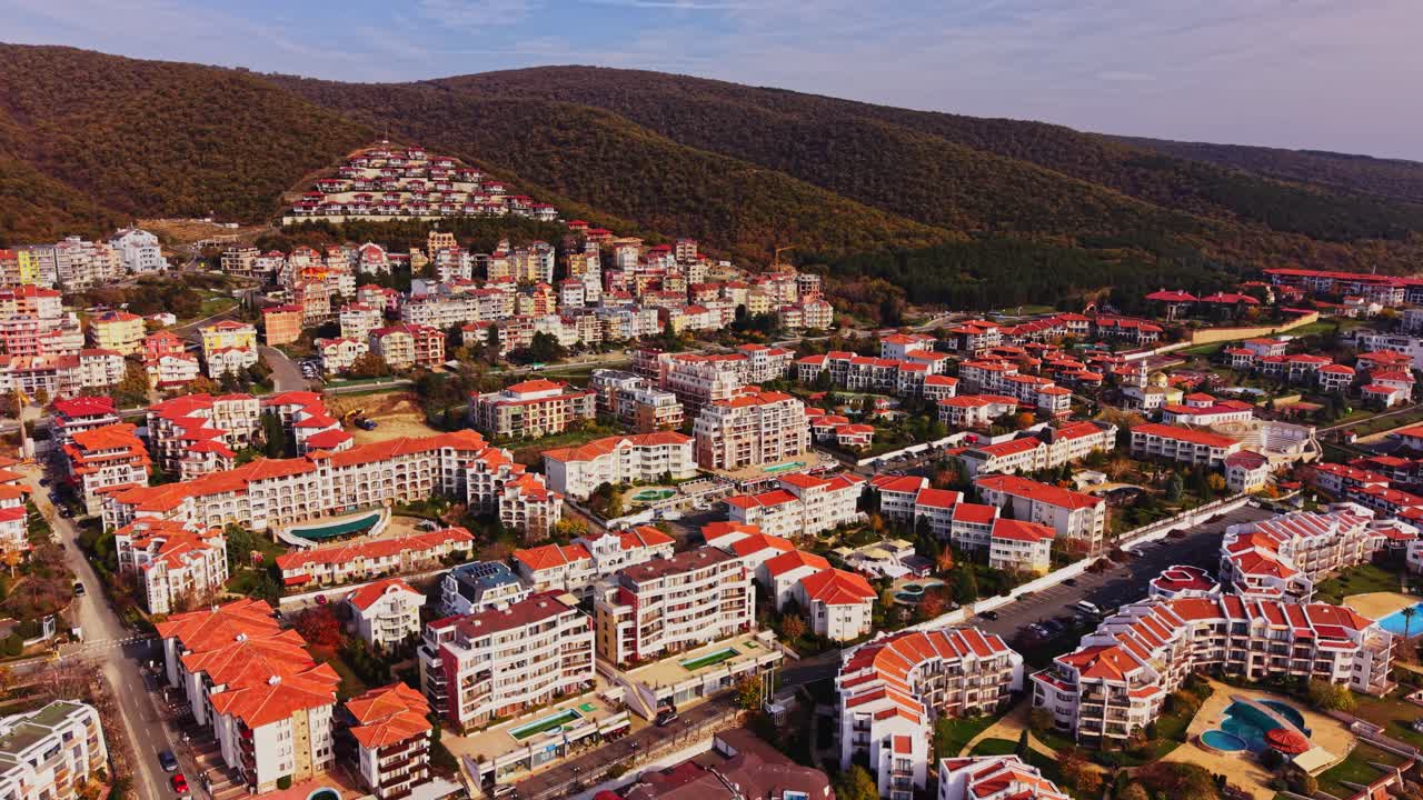 Aerial view of colorful residential buildings in Bulgaria amidst mountains