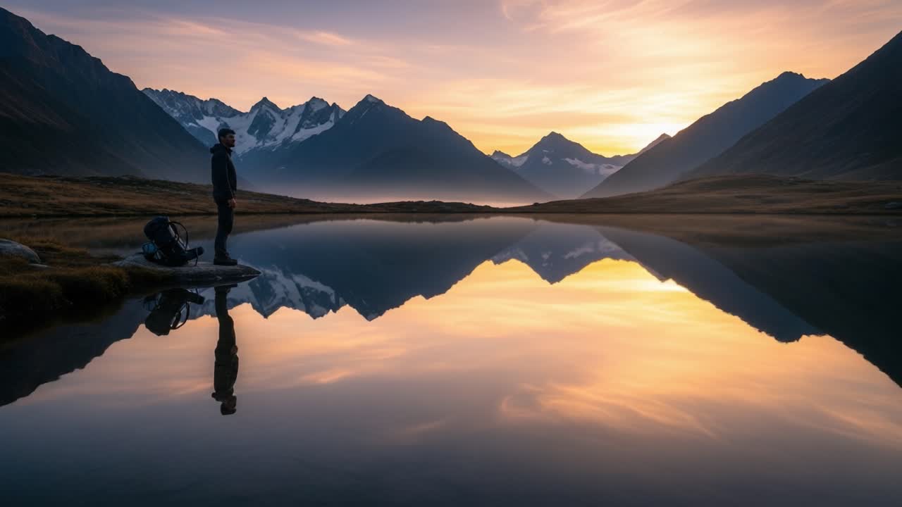 A Serene Reflection: Capturing the Majestic Beauty of Mountains and a Tranquil Lake at Dawn with a Solitary Figure Silhouetted Against a Colorful Skyline