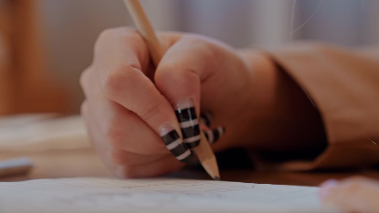 Mano che prende appunti alla luce del sole. Scrittura su quaderno con unghie. Schizzi a matita su un semplice tavolo con quaderno. Vista ravvicinata di una mano che annota idee su un quaderno con unghie a strisce vicino a uno smartphone