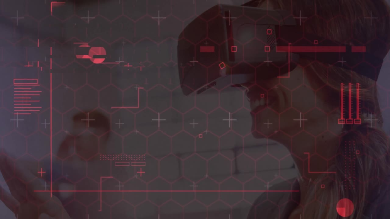 Digital interface with data processing against caucasian woman wearing vr headset at home