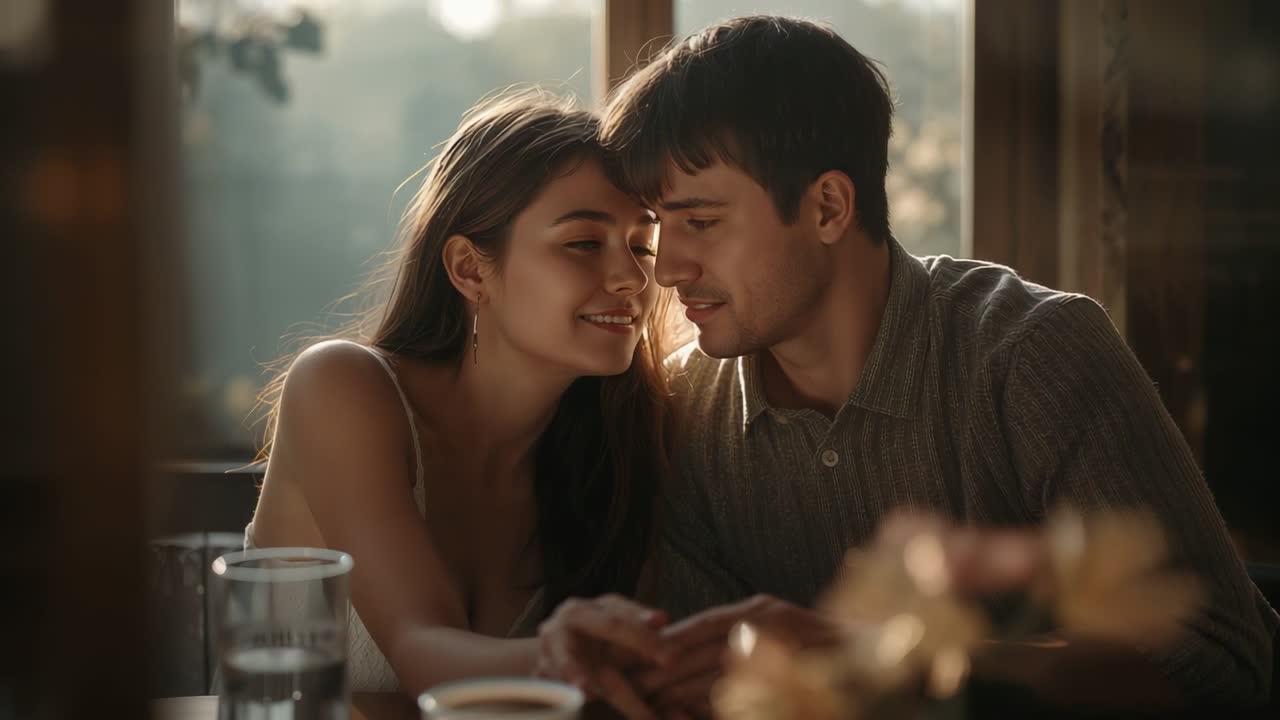Leaning romantic couple exchanging smiles, warm light drawing closer at table by window, glass cup