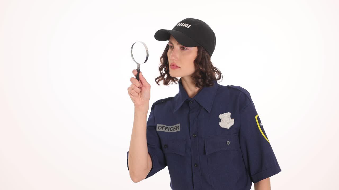 Woman in police uniform with magnifying glass
