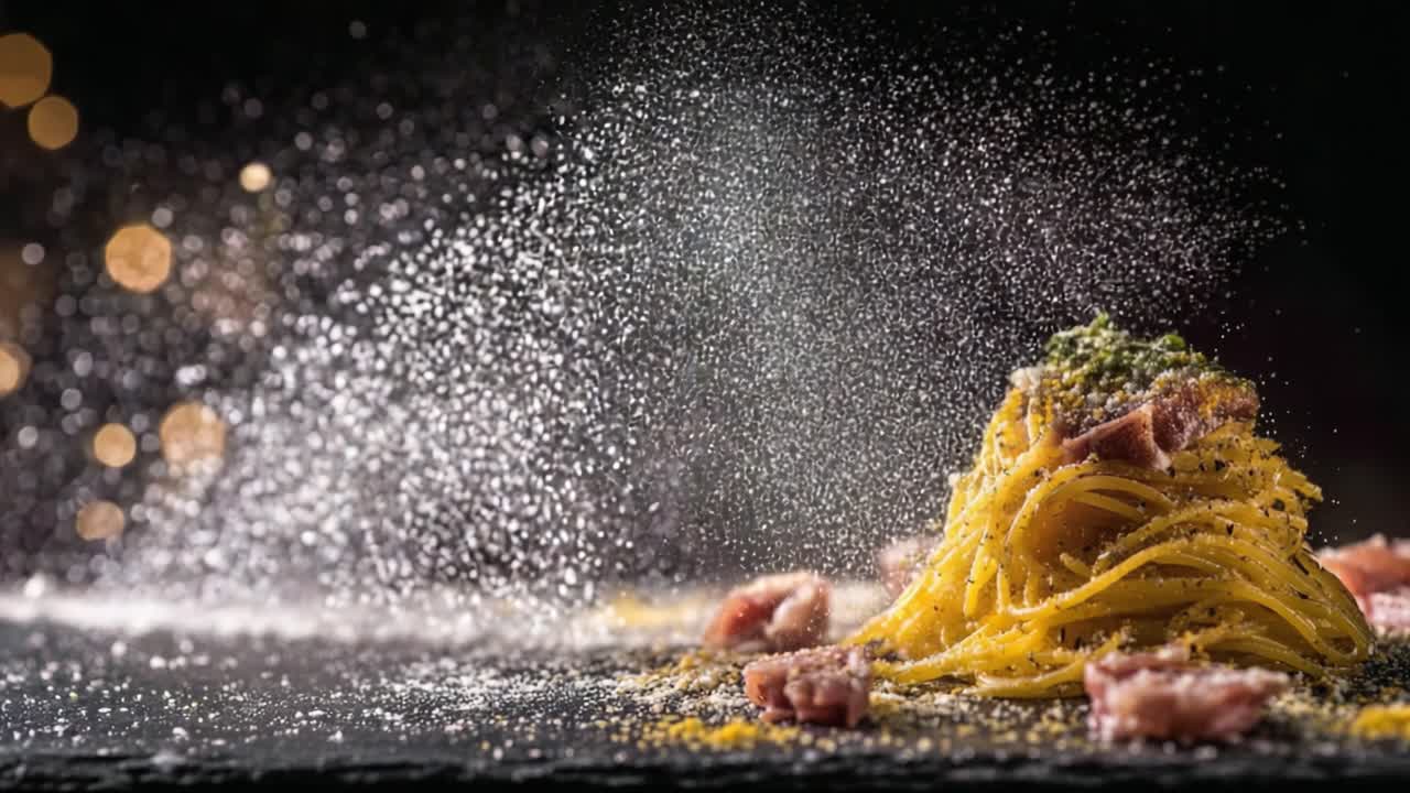 Capturing the Art of Culinary Craft: A Steaming Plate of Spaghetti Topped with Fresh Ingredients and a Delicate Shower of Seasoning Enhancing Its Elegance