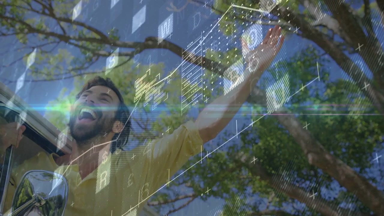 Passeggero che afferra la porta, spinge verso l'esterno, alza le braccia, esultando con grafici tecnologici che si muovono sull'uomo.