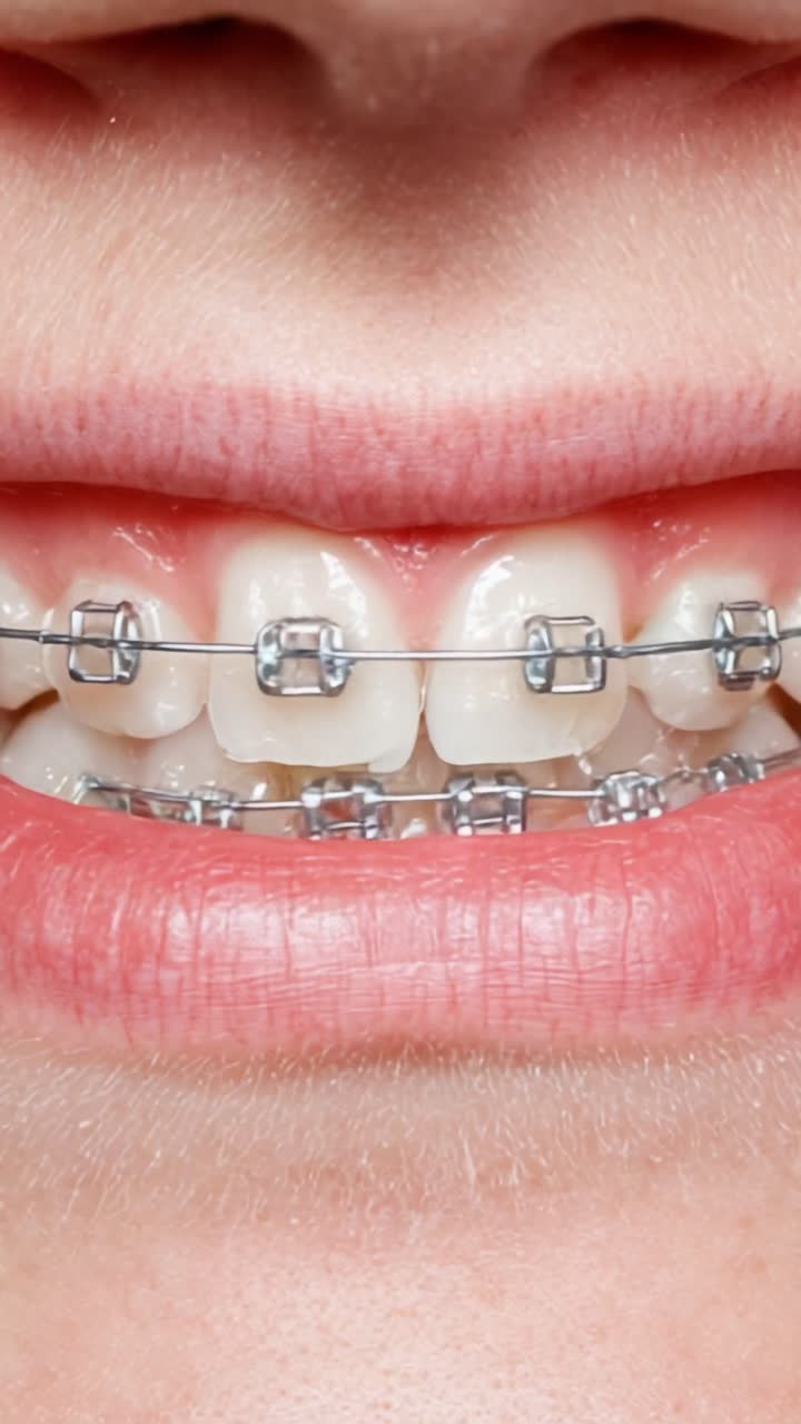 Close-Up of Smiling Mouth with Orthodontic Braces Displaying Dental Alignment and Dental Health Care in Progress