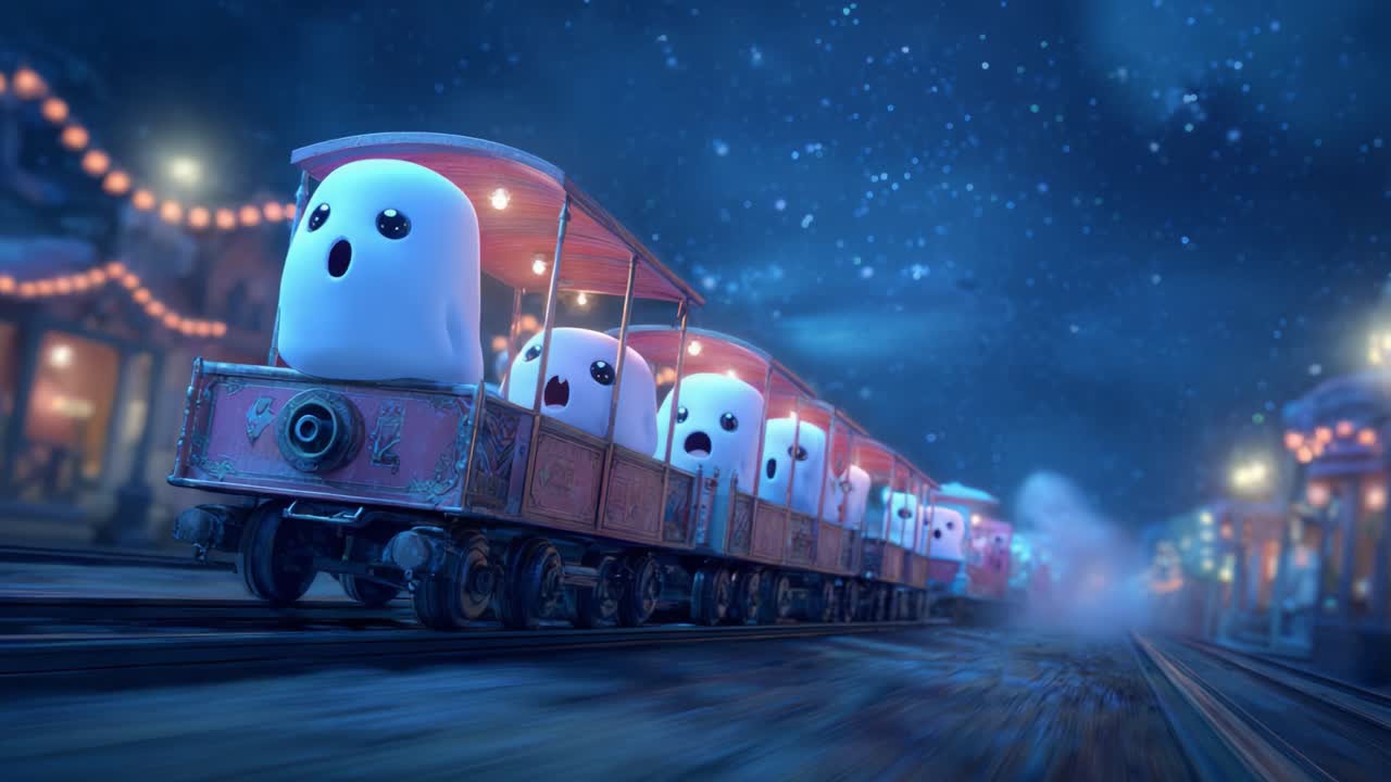 A whimsical scene featuring a train filled with adorable ghost-like characters traveling through a misty, enchanting night landscape, full of charm and fantasy