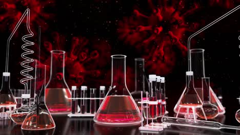 coronavirus covid-19 fondo rojo video de bucle sin costuras, tubos de ensayo en virus en movimiento telón de fondo - 60 fps 4k uhd animación en bucle 3d