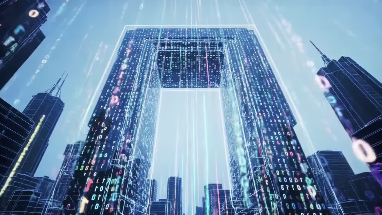 A Digital Gateway: Exploring a Futuristic Cityscape Constructed from Streams of Data and Vibrant Light, Surrounded by Towering Skyscrapers and High-Tech Infrastructure