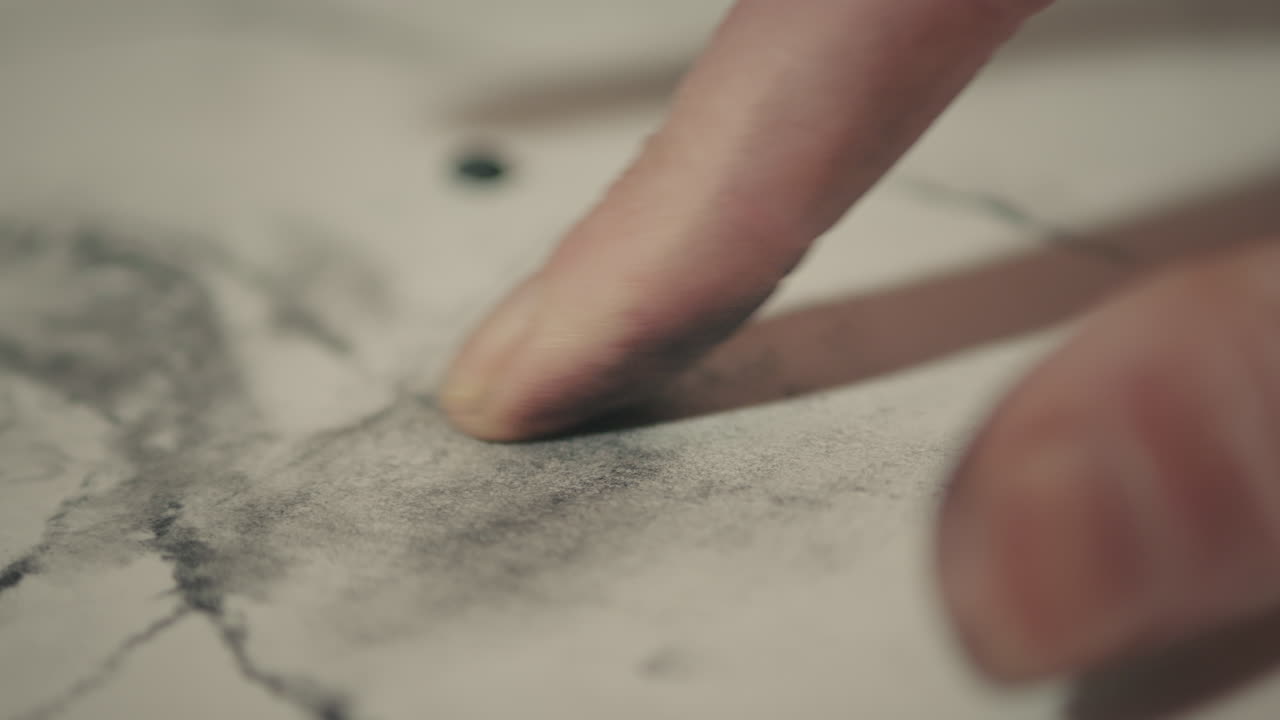 Macro detalhado de carvão sendo esfregado em papel texturizado, enfatizando o artesanato sensorial e técnicas de desenho expressivas em um ambiente de estúdio calmo