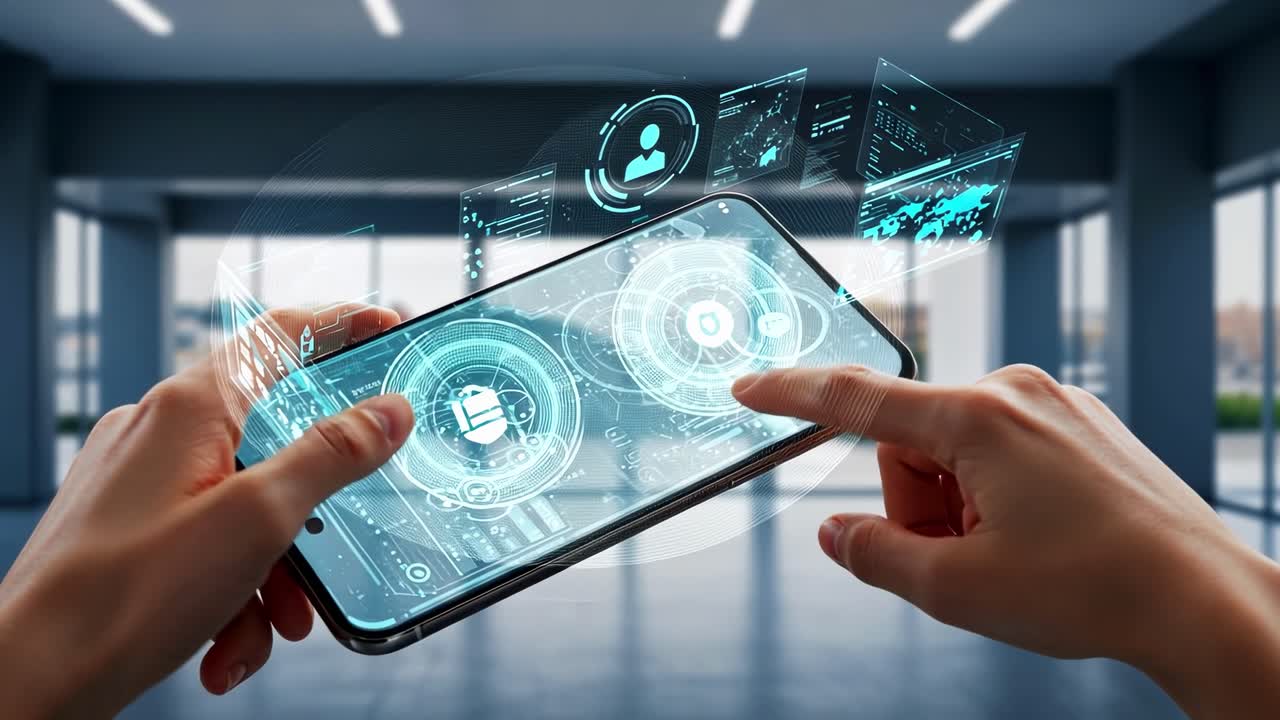 Innovative technology displayed on a smartphone screen with holographic projections in a modern office setting
