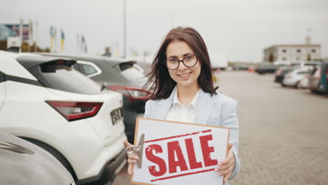 woman at car dealership advertising sales