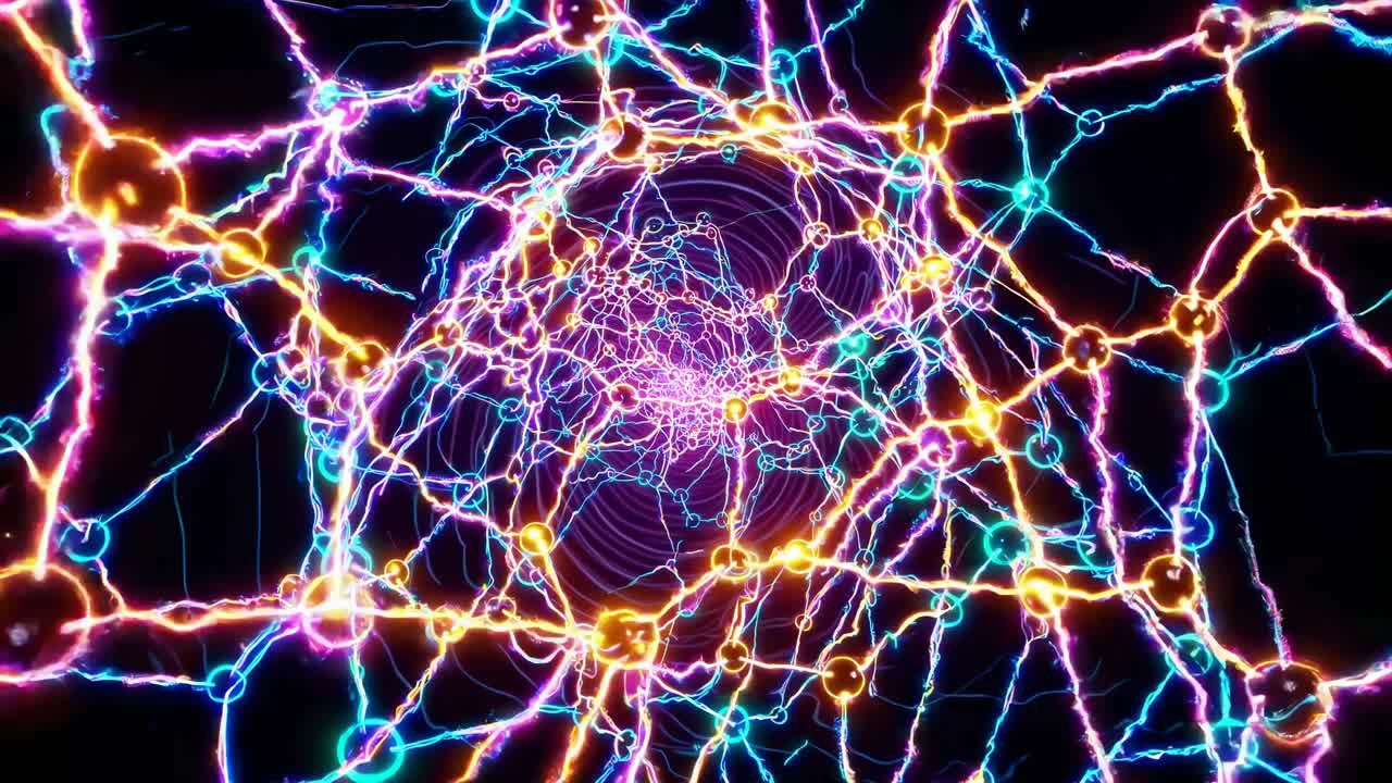 A dynamic, neon-colored network of electric lines spirals inward, captured from a central