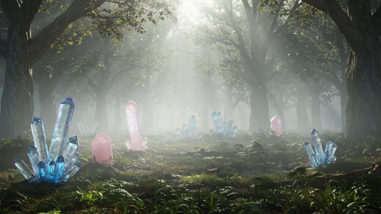 A Majestic Forest Scene with Enchanting Crystals Glimmering in the Soft Sunlight, Surrounded by Lush Greenery Creating a Mystical Atmosphere for Exploration