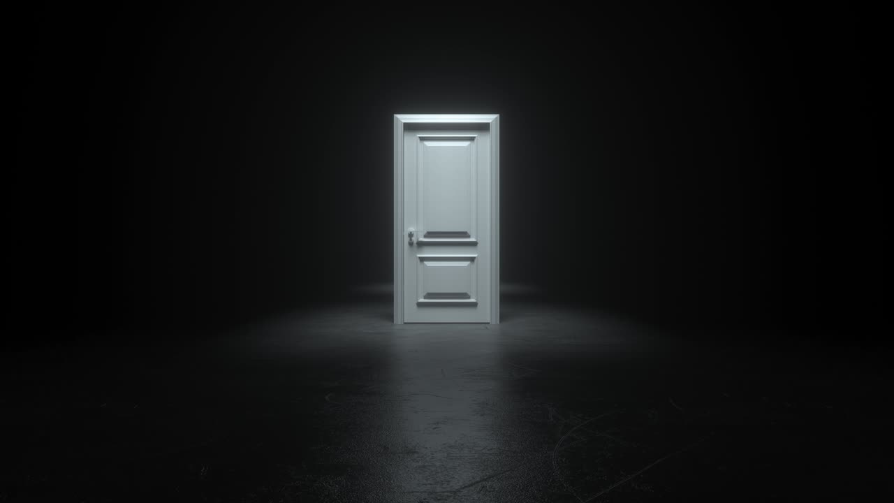 검은색 홀 방에서 색 문을 열고, 추상적인 sf 배경, 복도, 미래의 개념, 반사와 함께 콘크리트 바닥 방에서 빛나는, 앞으로 나아가는, 4k의 3d 애니메이션 루프