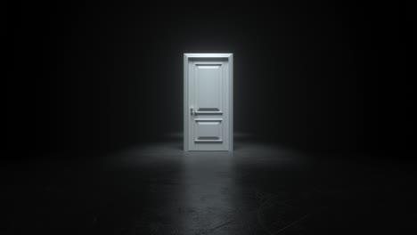 Opening white doors light in black hall room. Abstract sci fi background. Corridor. Futuristic concept. Glowing in concrete floor room with reflections. Moving forward. 3d animation loop of 4K