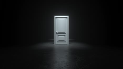 opening white doors light in black hall room. abstract sci fi background. corridor. futuristic concept. glowing in concrete floor room with reflections. moving forward. 3d animation loop of 4k