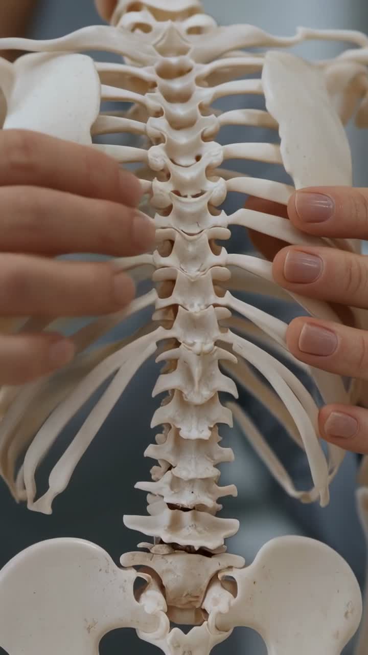 Video verticale: avvio della demo, mani che maneggiano un torso di scheletro a grandezza naturale in un laboratorio, mostrando le vertebre