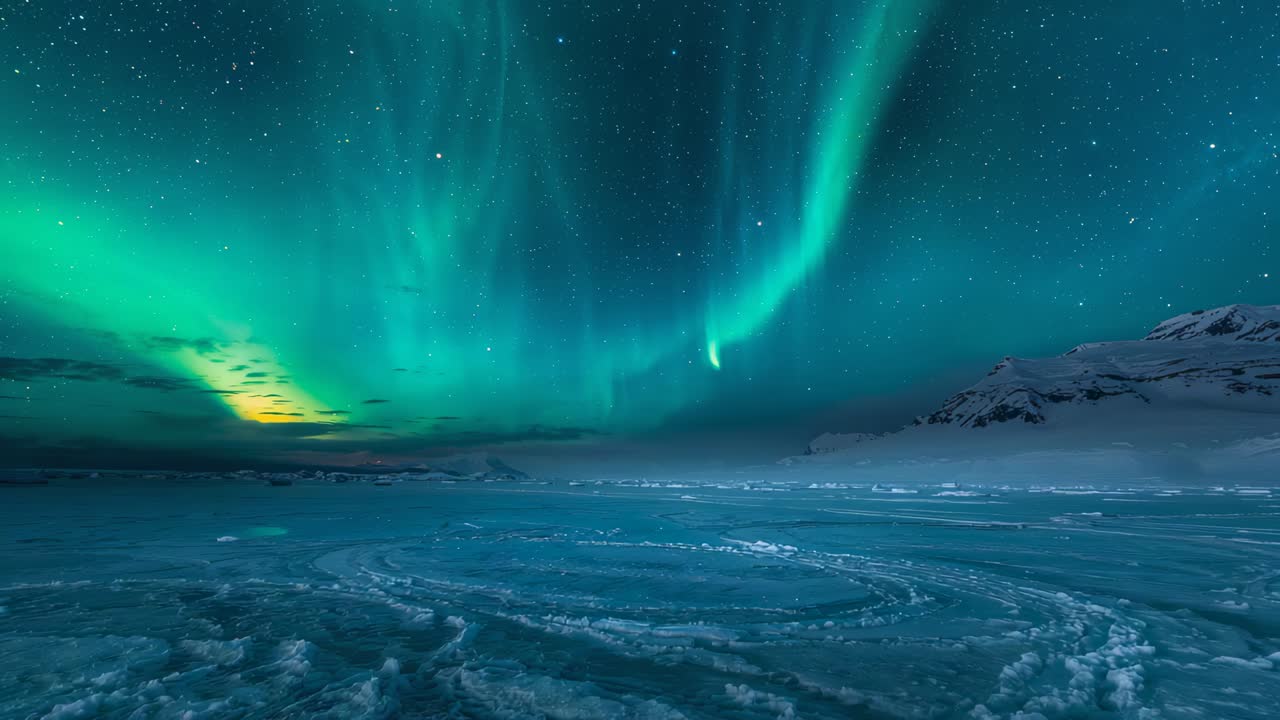 Brightening aurora curtains intensifying over polar night, with solar wind sparking, left glow
