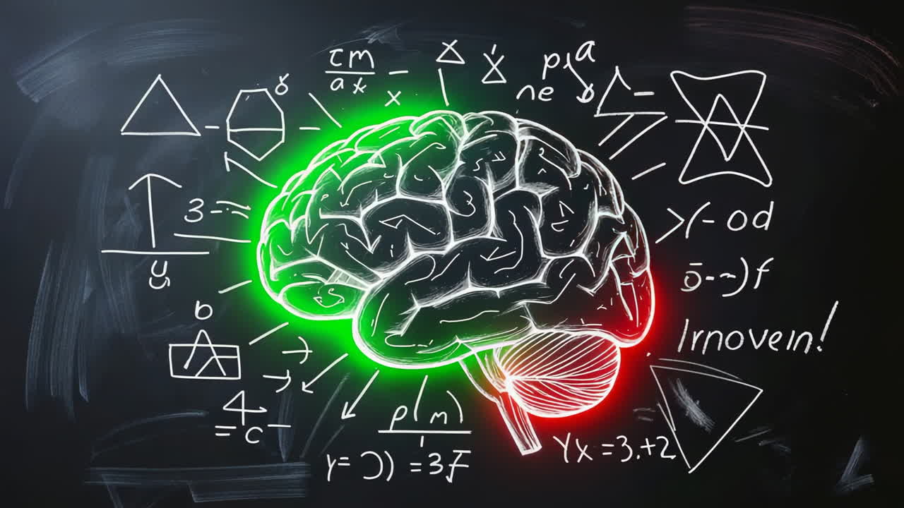 Conceptual illustration of a brain with mathematical and scientific symbols on a chalkboard