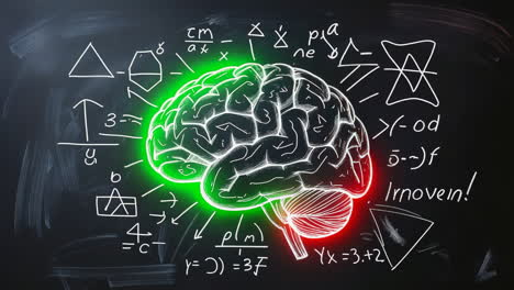 conceptual illustration of a brain with mathematical and scientific symbols on a chalkboard