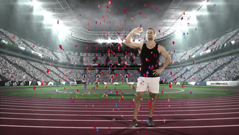 animation of confetti over caucasian runner waving hello to fully crowded stadium against sky