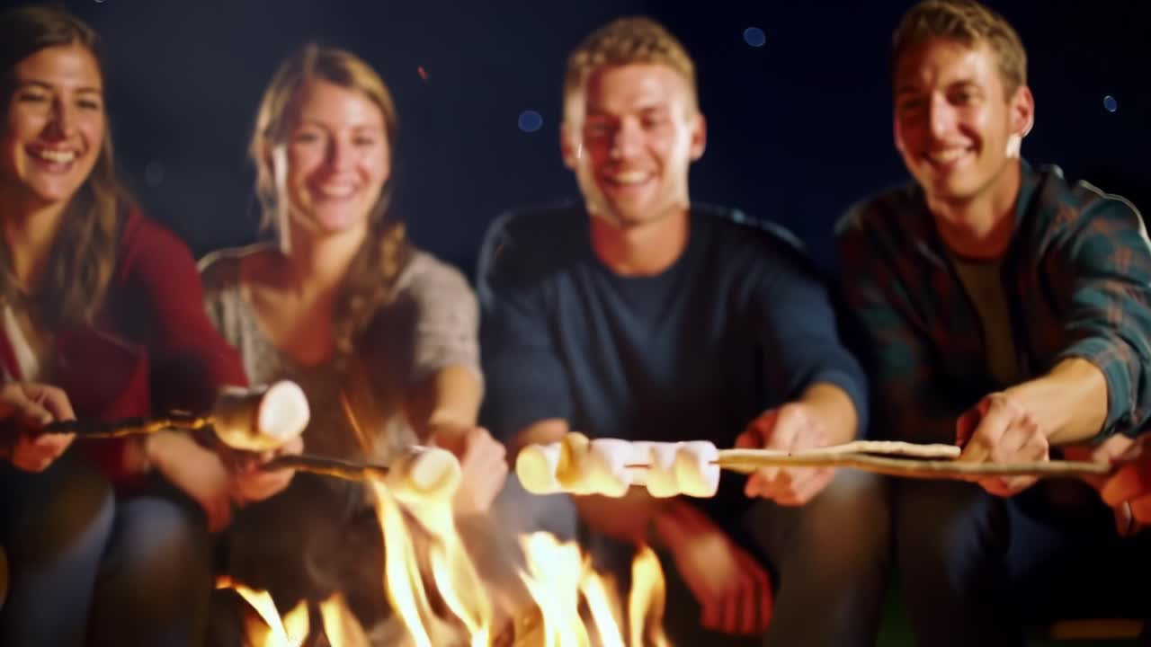 Friends Gather Around a Campfire to Roast Marshmallows on a Clear Night Under the Stars in a Peaceful Outdoor Setting