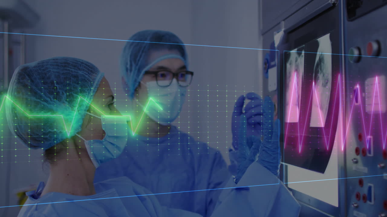 Analyzing patient data with heartbeat animation, medical professionals working together