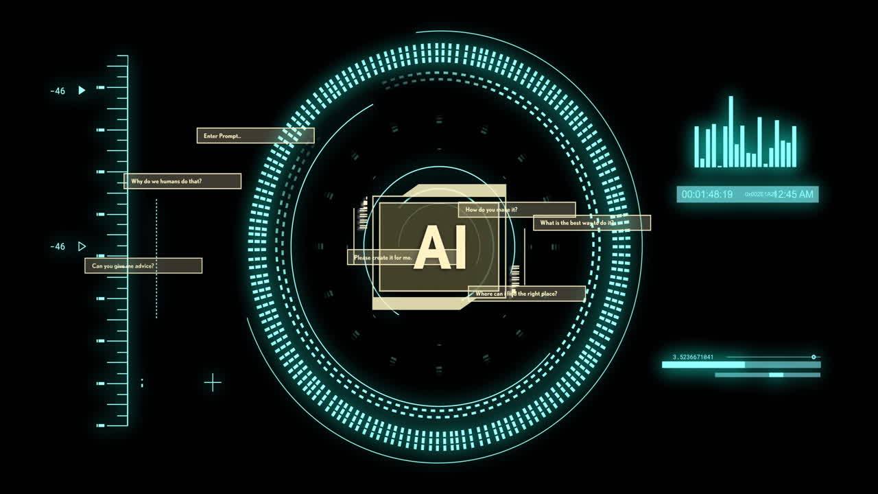 animación de un texto y procesamiento de datos científicos sobre un fondo negro
