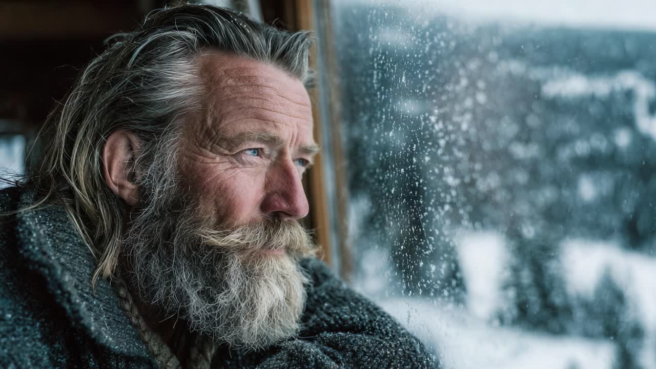 Contemplazione alla finestra: un uomo barbuto che guarda fuori verso un paesaggio invernale incantato, perso nei pensieri mentre i fiocchi di neve danzano contro il vetro
