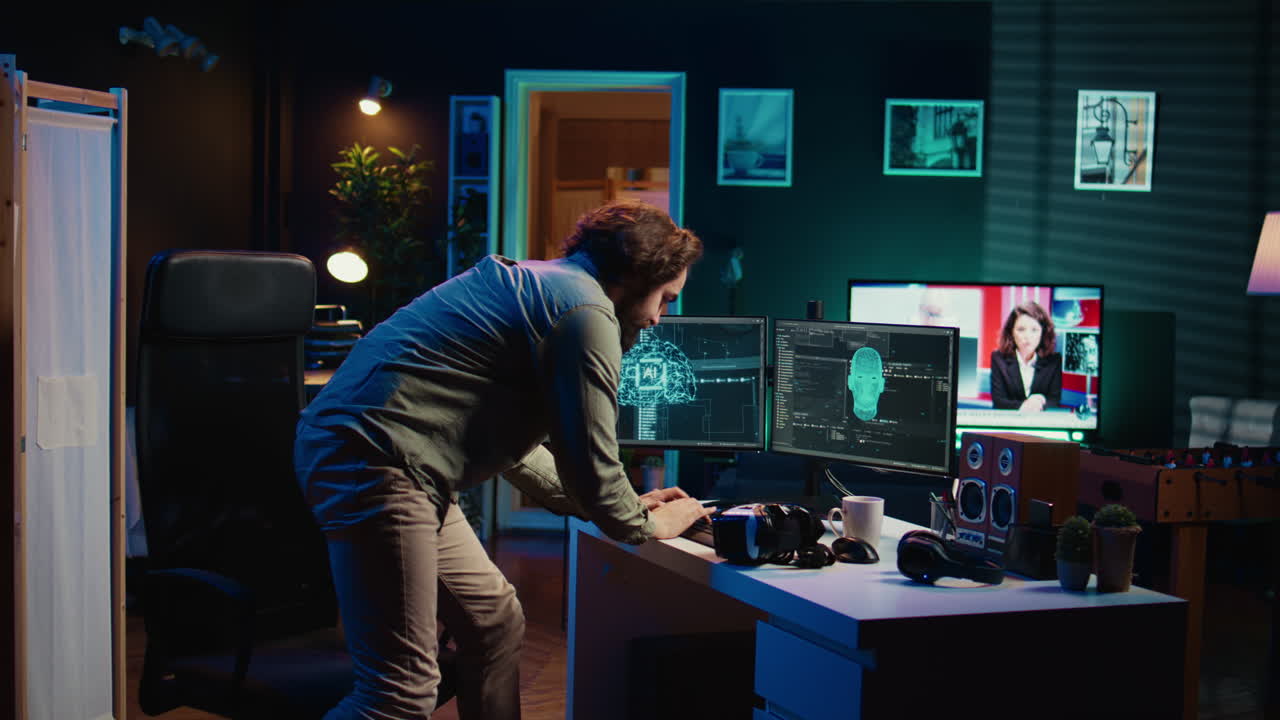 Ecstatic man celebrating after awakening AI using VR headset