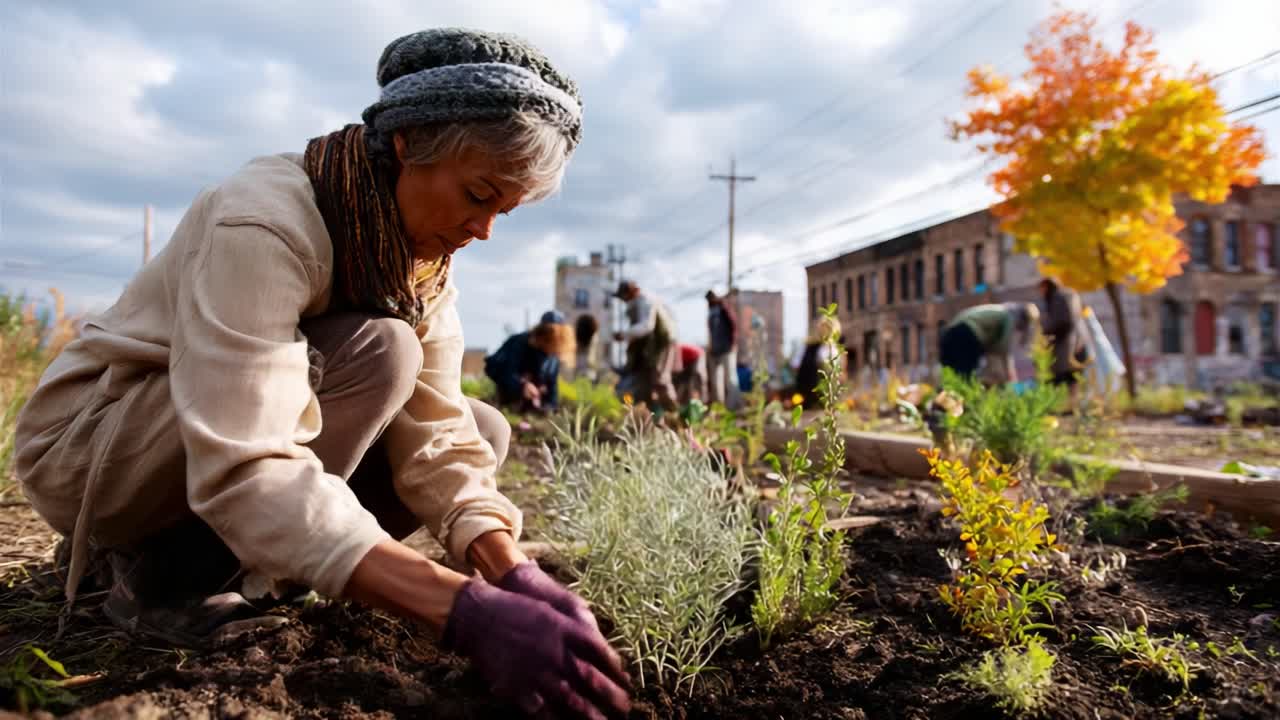 A Dedicated Gardener Planting Herbs in a Community Garden, Surrounded by Volunteers Engaging in Sustainable Agriculture Practices and Nurturing Nature Together for a Greener Future