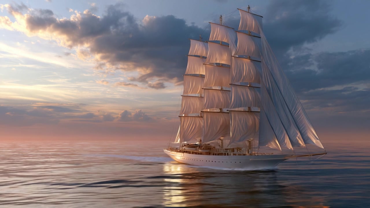 Ein majestätisches Segelschiff gleitet bei Sonnenuntergang über ruhige Gewässer, zeigt wehende weiße Segel und einen lebendigen Himmel voller Farben.
