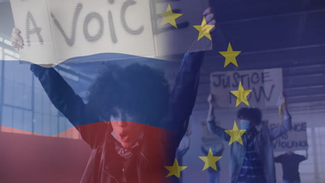 animation of flag of russia and european union over african american female protester