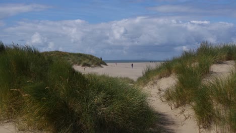 People-walking-on-a-Windy-day-at-Barmouth-Beach,-looking-towards-the-Llŷn-Peninsula,-Wales,-UK-20-Second-version