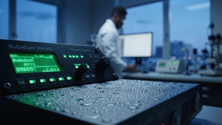 A Close-Up View of Advanced Rubidium Frequency Standard Equipment in a Laboratory Setting with a Researcher Working in the Background During Evening Hours