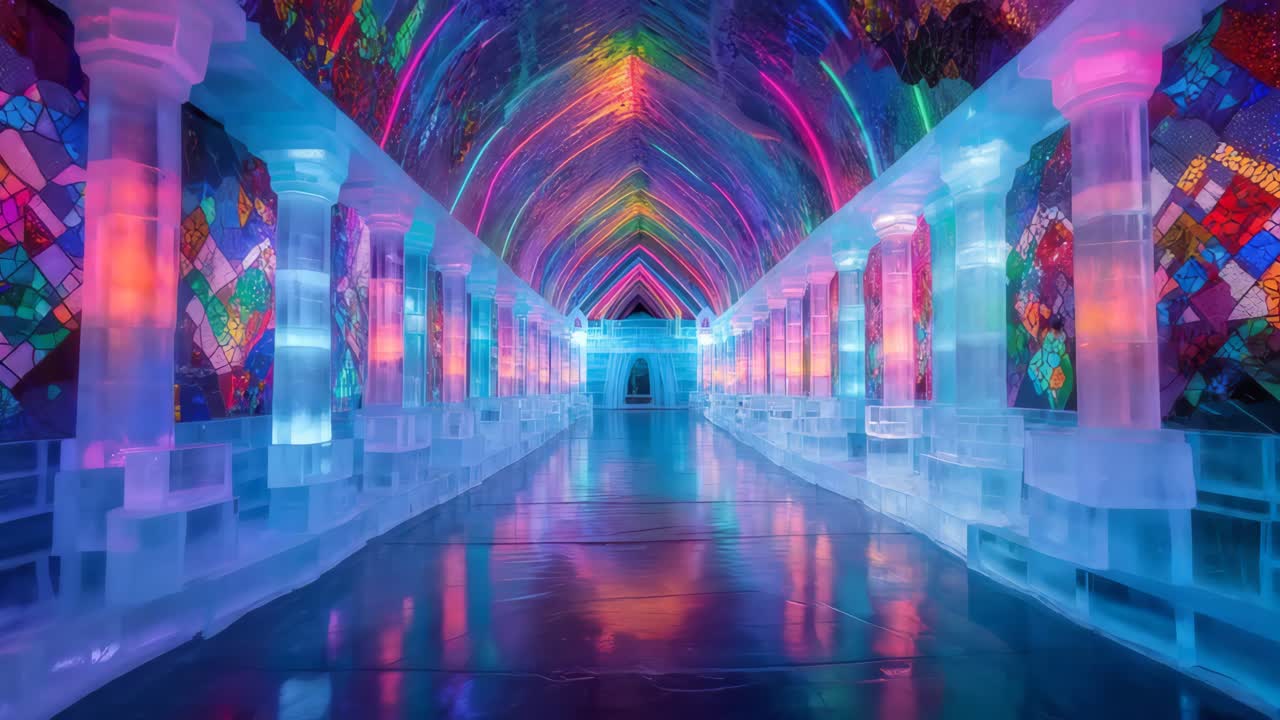 corredor del palacio de hielo con luces de colores