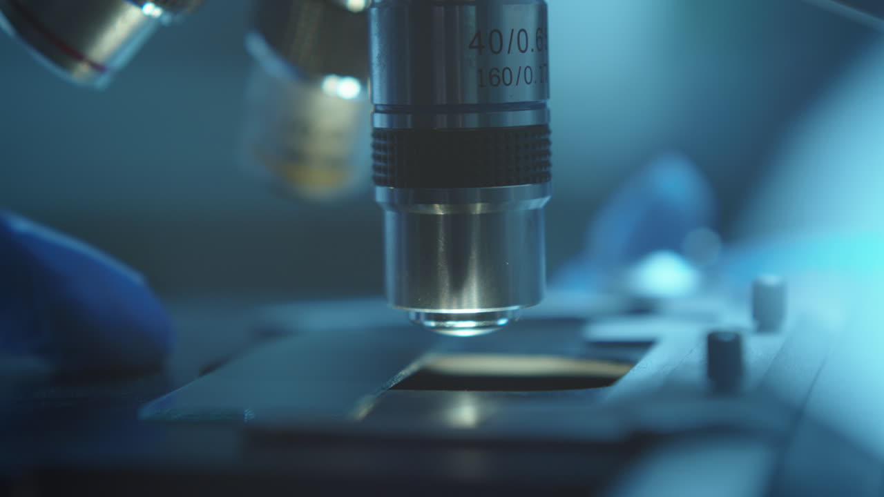 Hand of Scientist Placing Glass Slide with Specimen on Microscope Stage