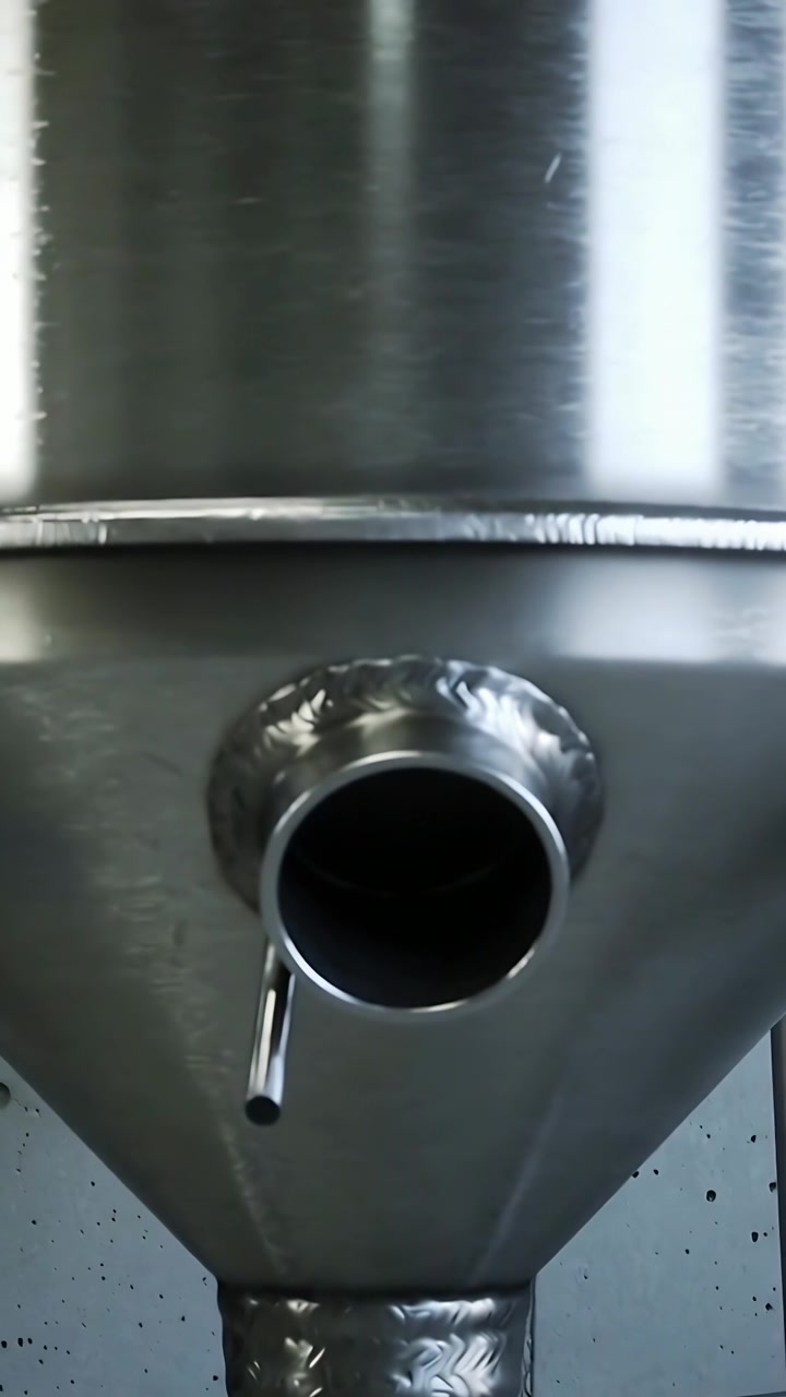Video vertical: Cámara en movimiento revelando tolva cónica, salida y tubo de drenaje en ángulo en laboratorio para control de calidad