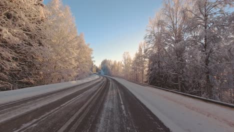 dazzling winter sunlight blinds drivers pov commute on rural roads finland