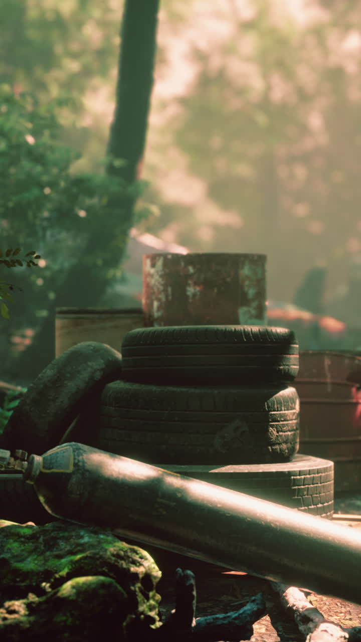 neumáticos abandonados y cilindro de gas en un bosque