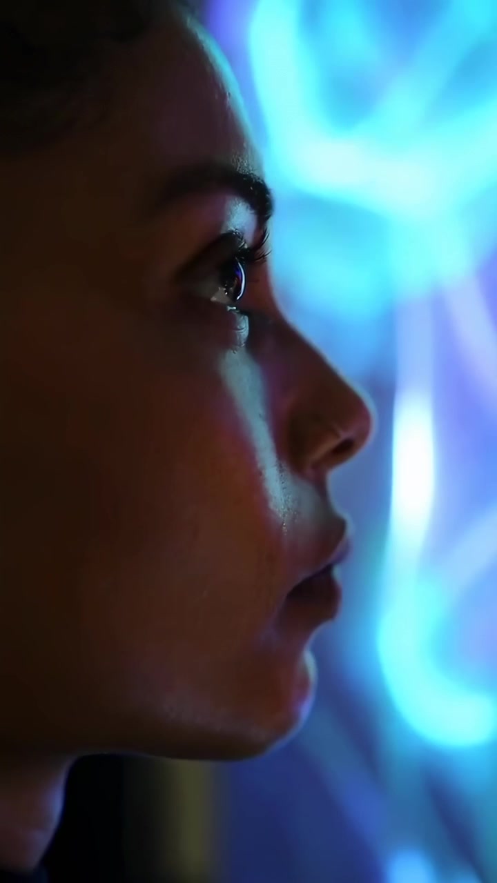 Giovane donna che osserva un'esposizione di arte digitale astratta e luminosa