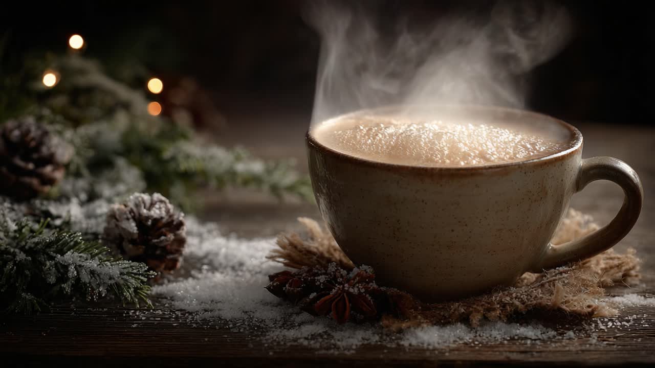 A Warm Embrace in a Cup: Experience the Cozy Essence of a Steaming Hot Beverage Amidst Winter's Embrace with Pine Cones and Soft Snowflakes