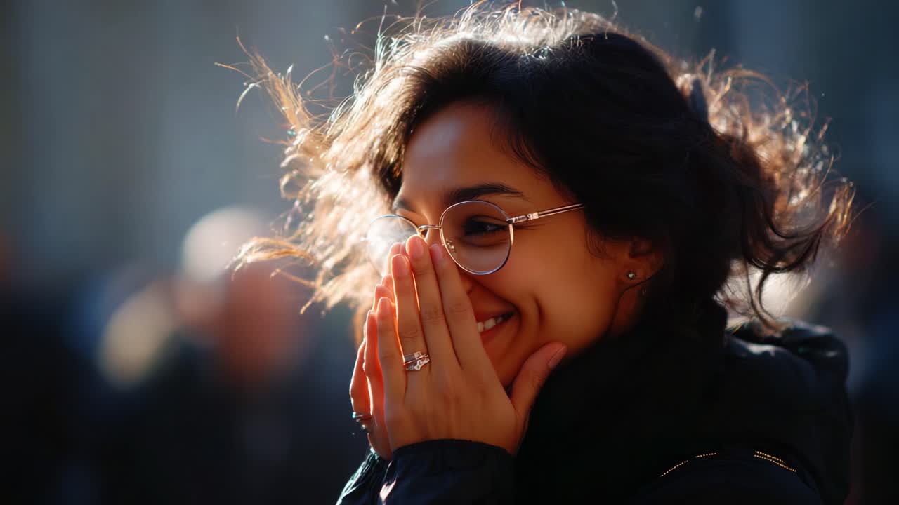 A joyful woman with glasses smiles while playfully covering her mouth, radiating happiness and warmth amidst a lively atmosphere, capturing the essence of joyful moments in life