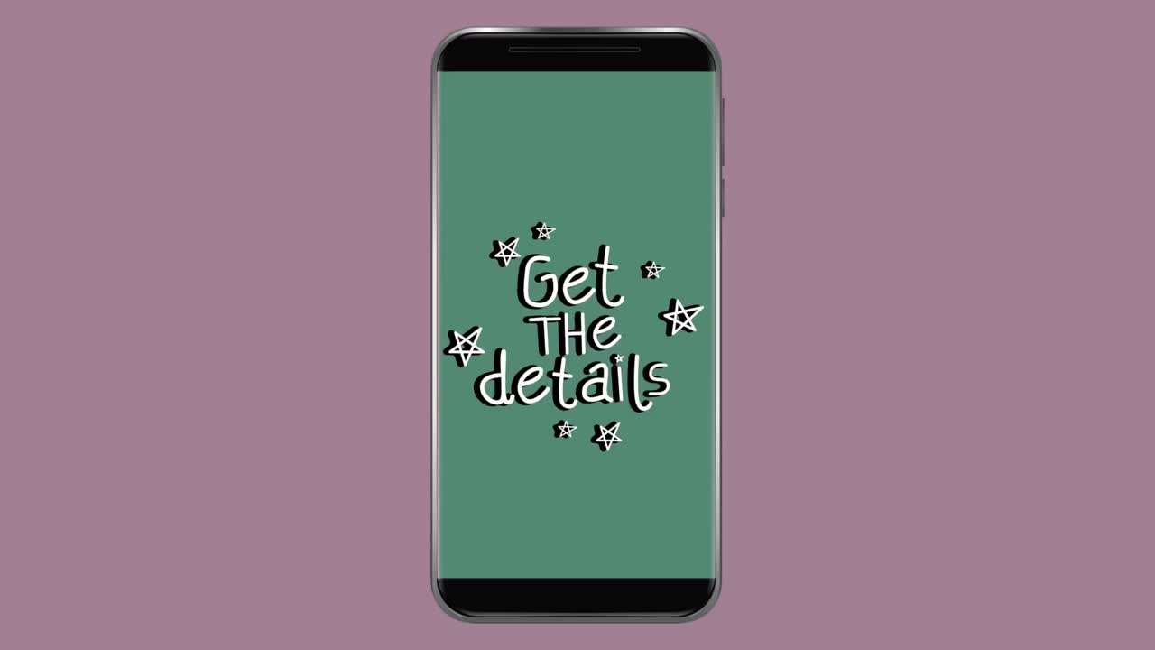 animación de las palabras obtener los detalles parpadeando en la pantalla verde de un teléfono inteligente sobre fondo rosa