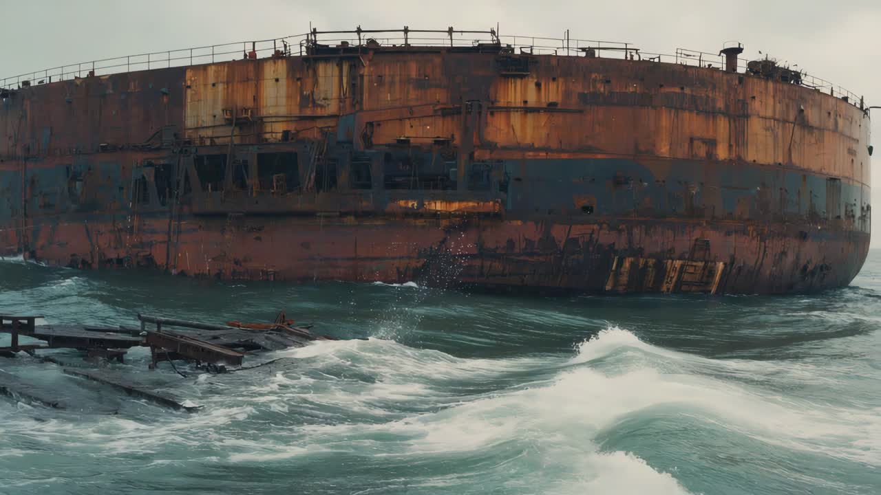 Rusty Shipwreck on a Wavy Sea