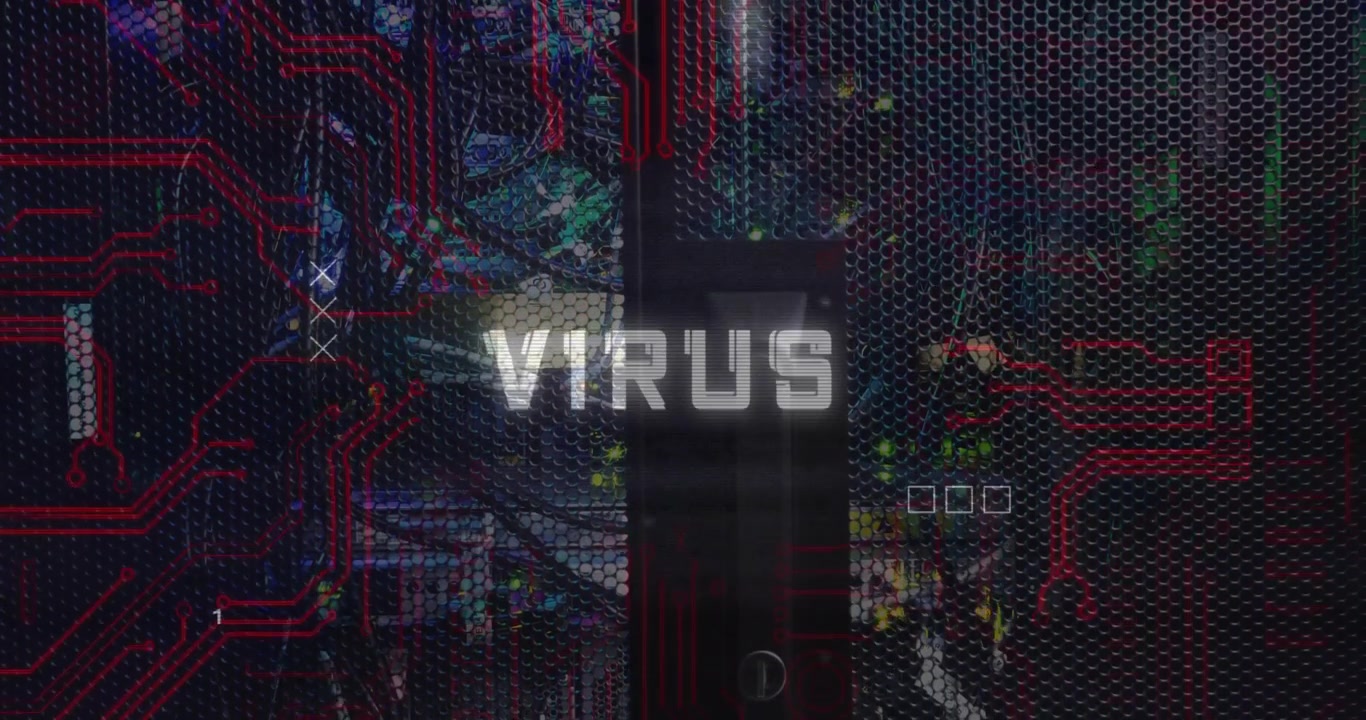 Mesh opening revealing wiring, glitching VIRUS text pulsing and scanning circuits indicating breach